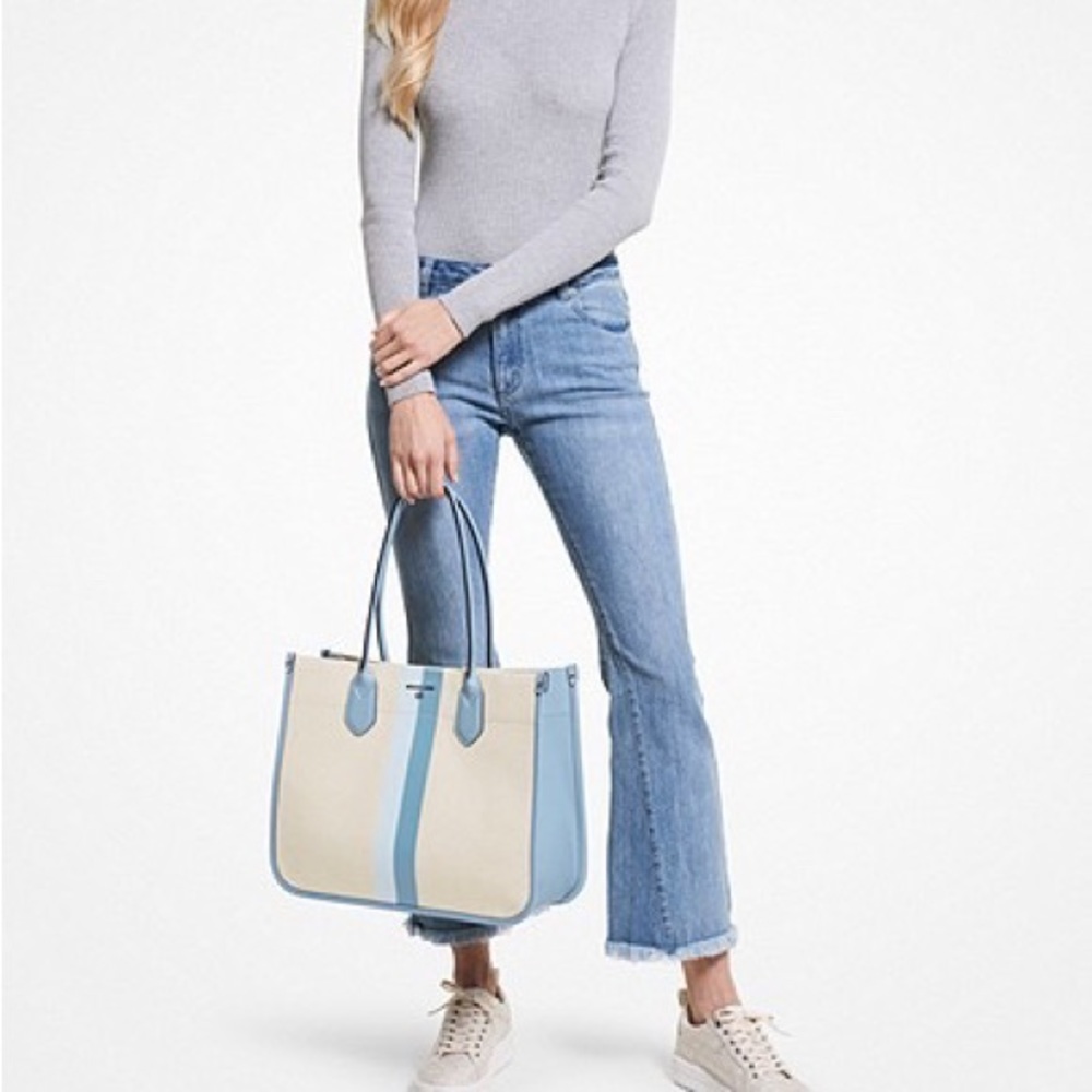 NWT Micheal kors  blue Heidi Large Stripe Canvas  laptop Tote Bag original  300 - Picture 3 of 16